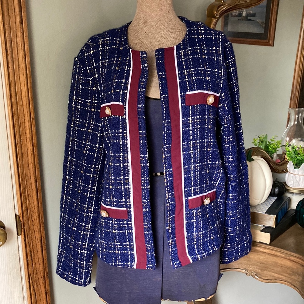 SHEIN blue and gold tweed blazer